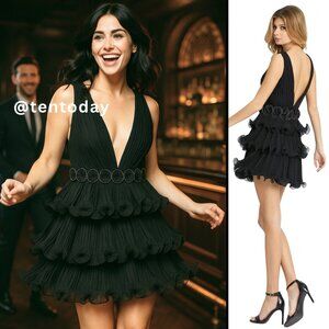 Mac Duggal 49120 Size 8 Black Pleated Tiered Ruffle Short Cocktail Party Dress